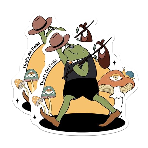 (2 Pack) Frog Wanderer Stickers - That's All Folks - Mushroom Adventure Decal - 5" On Longest Side - Sticks to Smooth Flat Surfaces - Made in USA - BMCS6612