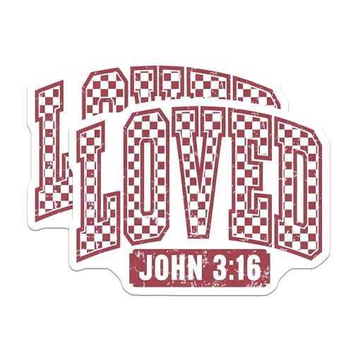 (2 Pack) Loved John 3:16 Stickers - Checkered Love - Faith-Based Decal - 5" On Longest Side - Sticks to Smooth Flat Surfaces - Made in USA - BMCS8957