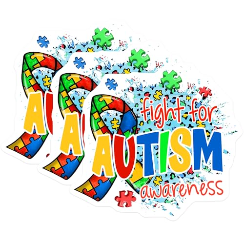 (3 Pack) Autism Awareness Decals - Puzzle Ribbon Decals - Fight for Autism Decal - 3 Inches On Longest Side - Easy Peel & Apply - Made in USA - 3MCS7940
