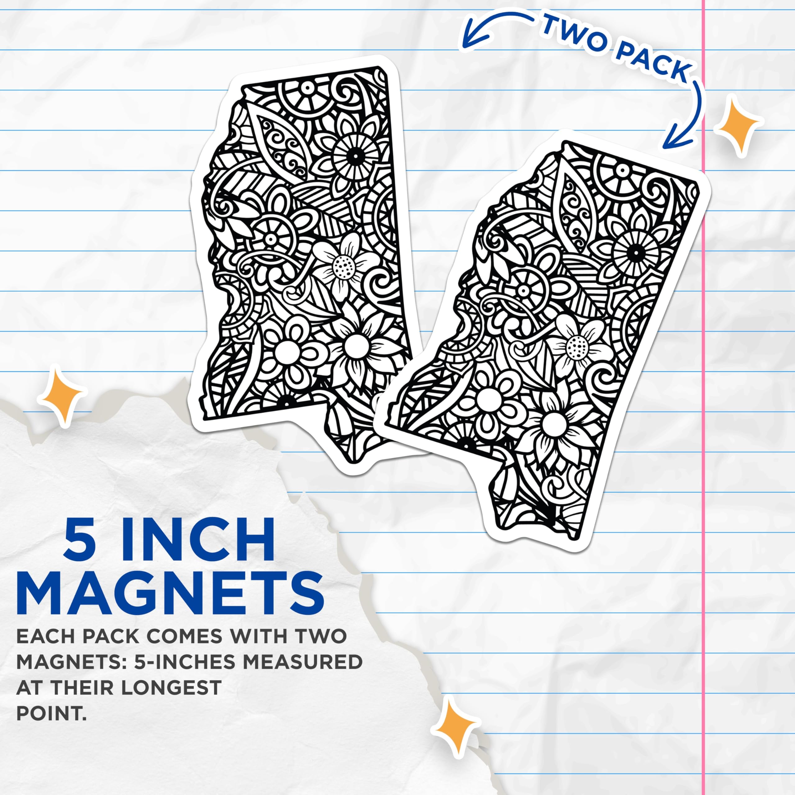 (2 Pack) Mississippi State Magnets - Floral Mandala Art - Southern State Decor - 5 Inches On Longest Side - Thick Durable Magnet - Made in USA - MAG19465