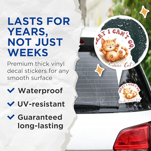 (2 Pack) Sorry I Can't Go I'm an Indoor Cat Stickers - Cute Cat Quote Stickers - Funny Animal Stickers - 5" On Longest Side - Sticks to Smooth Flat Surfaces - Made in USA - BMCS4242