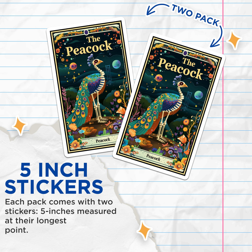 (2 Pack) The Peacock Skeleton Stickers - Halloween Bird Stickers - Ornate Skull Stickers - 5" On Longest Side - Sticks to Smooth Flat Surfaces - Made in USA - BMCS3630