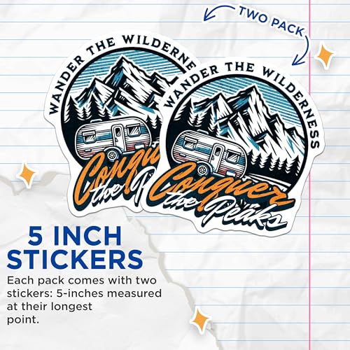 (2 Pack) Wander The Wilderness Stickers - Conquer The Peaks - Outdoor Adventure - 5" On Longest Side - Sticks to Smooth Flat Surfaces - Made in USA - BMCS8639 - Nature Lovers