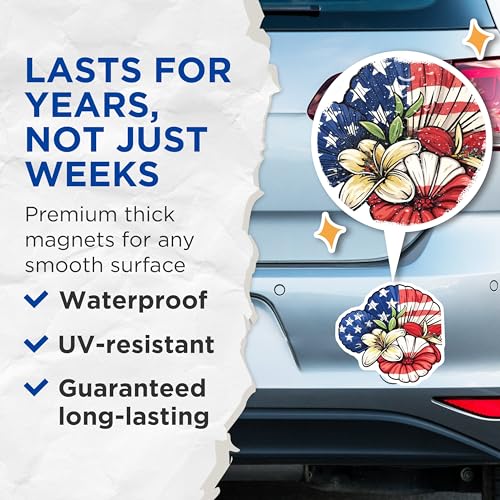 (2 Pack) Patriotic Floral Magnets Magnets - American Flag Decor - USA Themed - 5" On Longest Side - Made in USA - Sticks to Refrigerators & Metal Surfaces - MAG8973