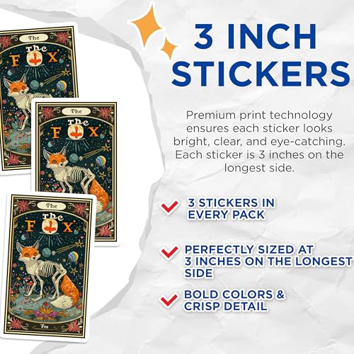 (3 Pack) The Fox Decals - Tarot Card Art - Mystical Animal Stickers - 3 Inches On Longest Side - Easy Peel & Apply - Made in USA - 3MCS2417
