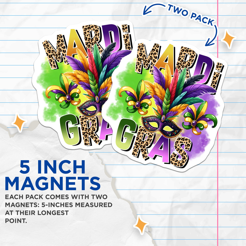 (2 Pack) Mardi Gras Magnets - New Orleans Decor - Masquerade Party - Carnival Festival Refrigerator Accent - 5 Inches On Longest Side - Thick Durable Magnet - Made in USA - MAG39433