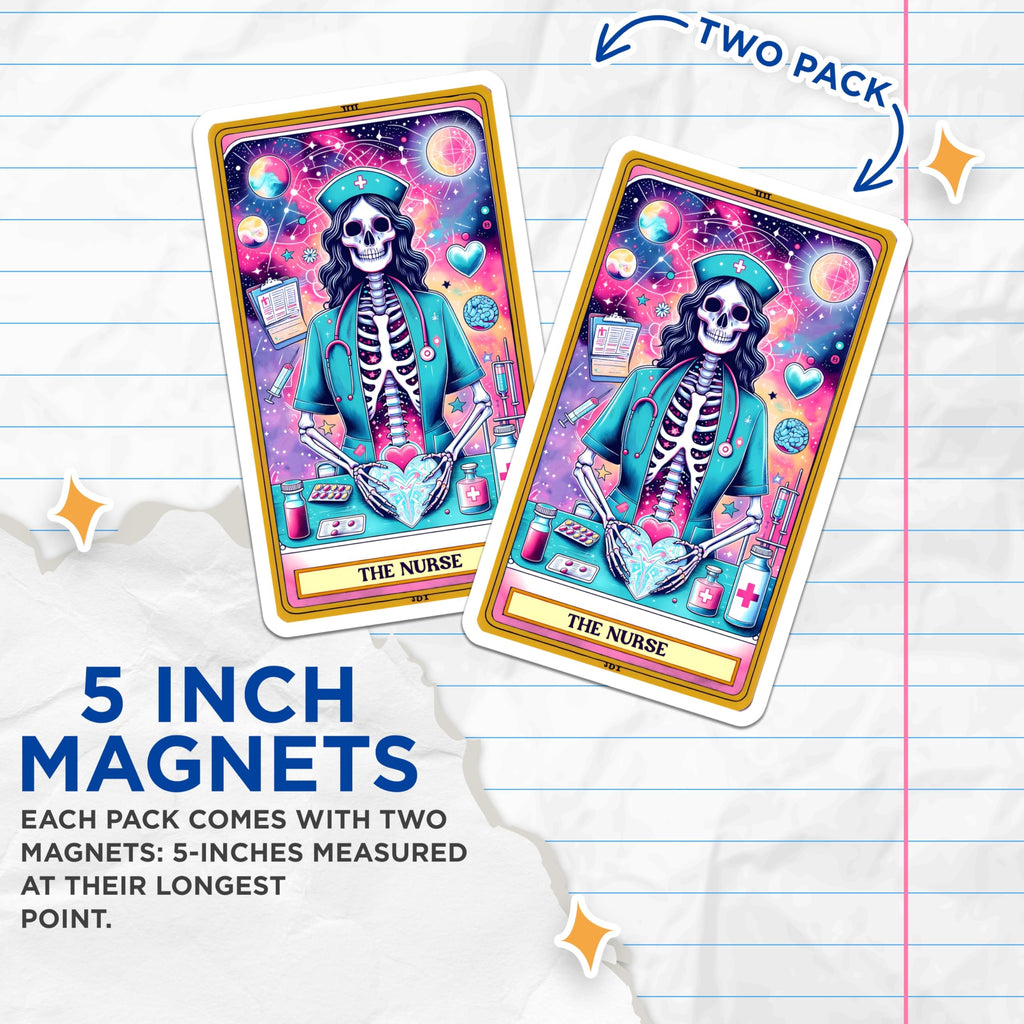 (2 Pack) Skeleton Nurse Magnets - Celestial Healthcare Art - Tarot Card Style Medical Professional Decoration - 5 Inches On Longest Side - Thick Durable Magnet - Made in USA - MAG20215
