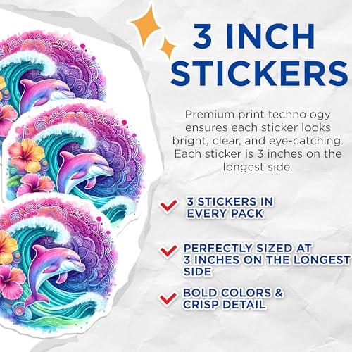 (3 Pack) Dolphin Laptop Decals - Tropical Hibiscus Flowers - Ocean Wave Art Decals - 3 Inches On Longest Side - Easy Peel & Apply - Made in USA - 3MCS8244