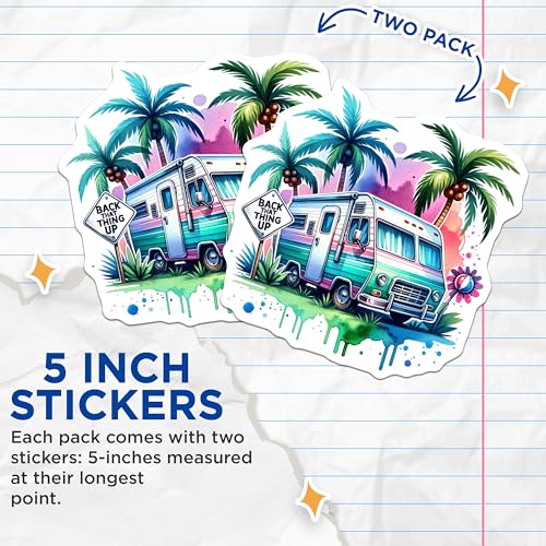 (2 Pack) Adventure Camper Stickers - Retro RV - Vacation Theme - 5" On Longest Side - Sticks to Smooth Flat Surfaces - Made in USA - BMCS6724