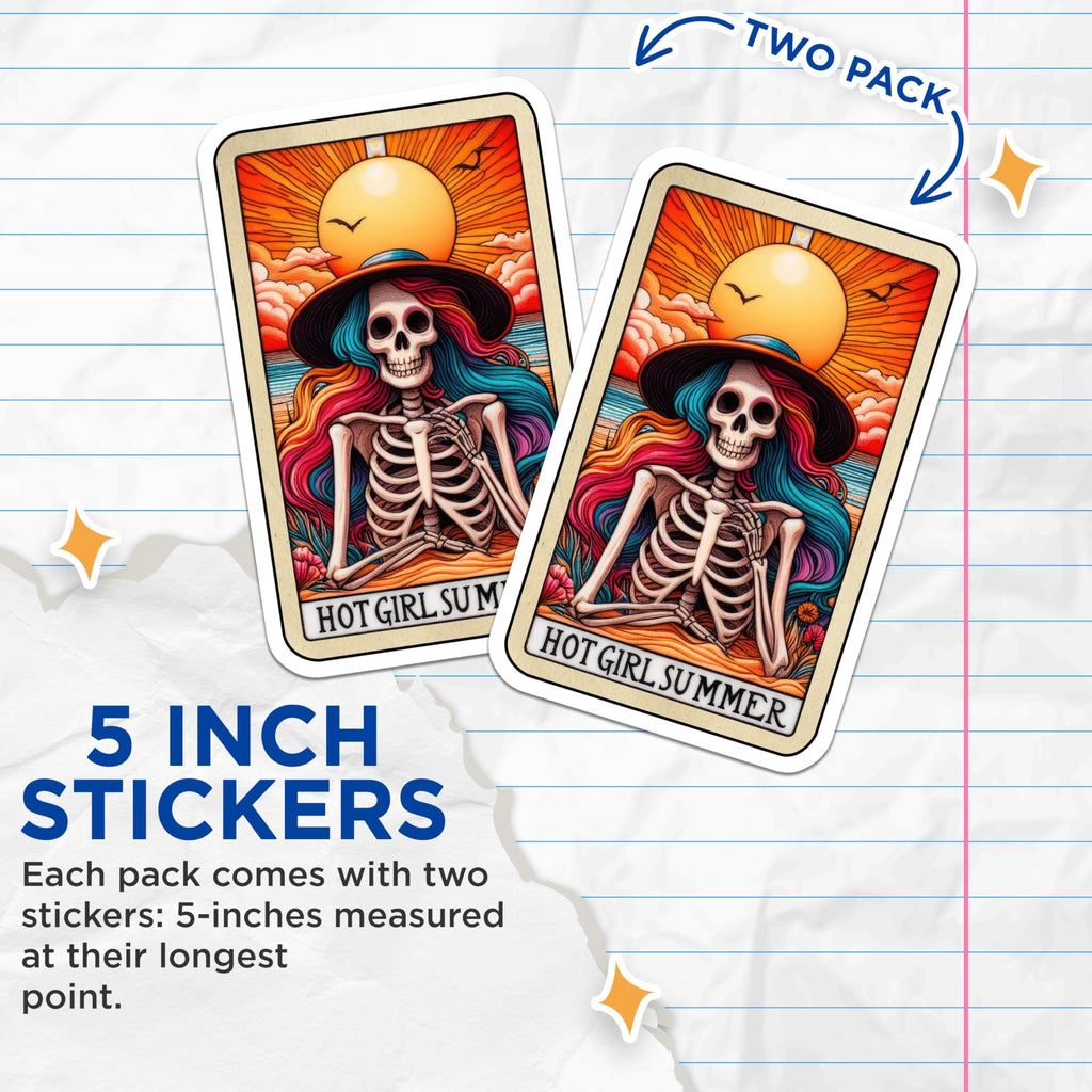 (2 Pack) Hot Girl Summer Stickers - Skeleton Art Stickers - Colorful Beach Summer Stickers - 5" On Longest Side - Sticks to Smooth Flat Surfaces - Made in USA - BMCS5071