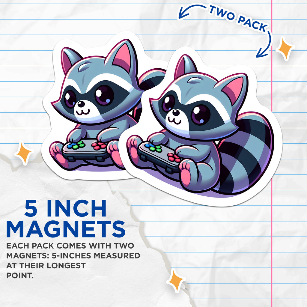 (2 Pack) Adorable Raccoon Gamer Magnets - Kawaii Animal Gaming Decor - Video Game Console Art for Fridge Locker Game Room - 5 Inches On Longest Side - Thick Durable Magnet - Made in USA - MAG37454