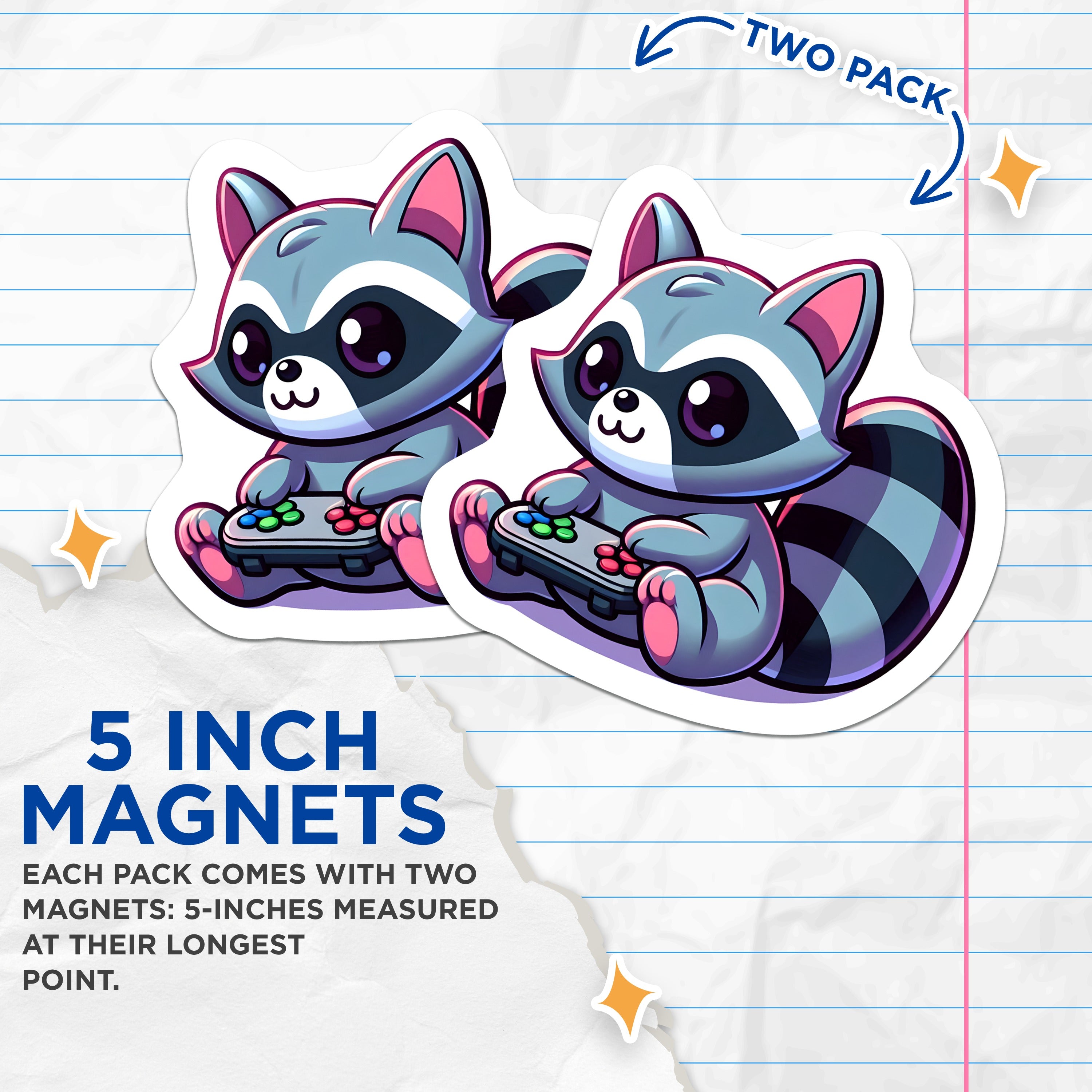 (2 Pack) Adorable Raccoon Gamer Magnets - Kawaii Animal Gaming Decor - Video Game Console Art for Fridge Locker Game Room - 5 Inches On Longest Side - Thick Durable Magnet - Made in USA - MAG37454