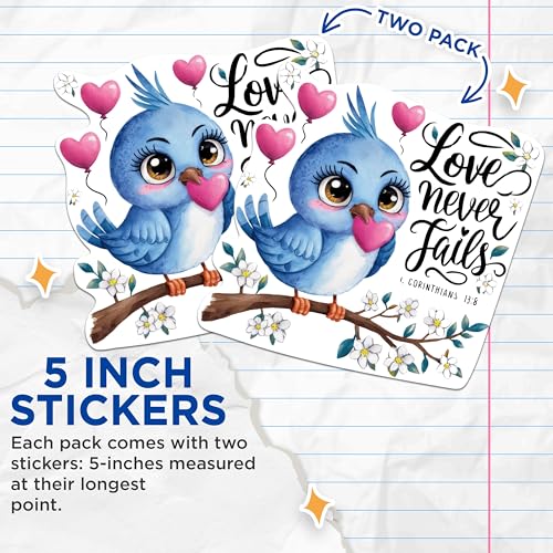 (2 Packs) Love Never Fails Stickers - 1 Corinthians 13:8 Christian Positive Decals - 5 Inches On Longest Side - Premium Vinyl Decal - Sticks to Any Smooth Flat Surface - Made in USA - BMCS2307