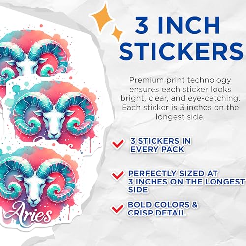 (3 Pack) Aries Zodiac Decals - Watercolor Star Sign - Astrology Laptop Decals- 3 Inches On Longest Side - Easy Peel & Apply - Made in USA - 3MCS5257