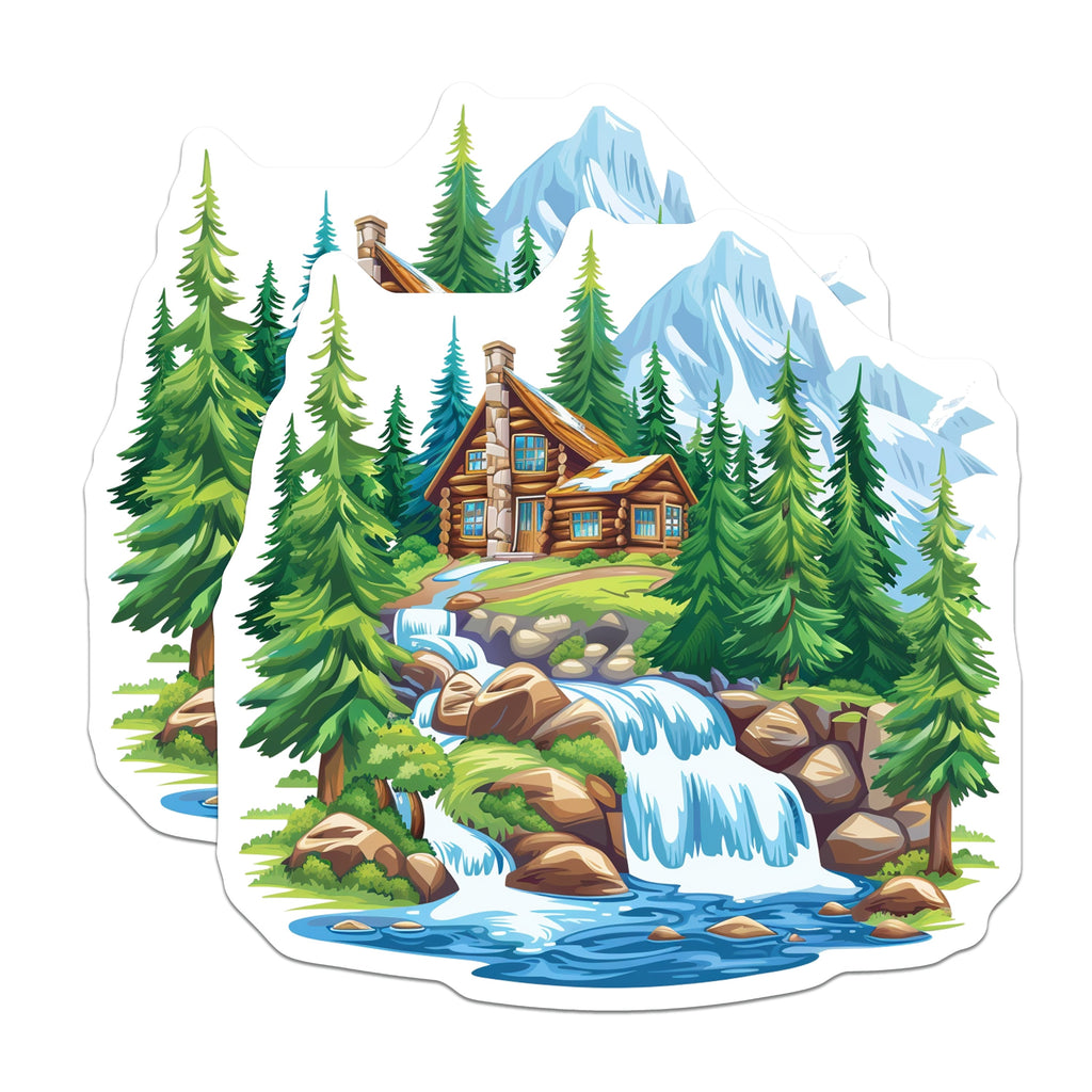 (2 Pack) Log Cabin Mountain Scene Magnets - Nature Landscape Decor - Rustic Woodland Fridge Magnet Set for Outdoorsy Home - 5 Inches On Longest Side - Thick Durable Magnet - Made in USA - MAG39609