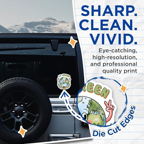 (2 Pack) Go Green Stickers - Earth Smiling - Eco Friendly Decals - Environmental Awareness - 5" On Longest Side - Sticks to Smooth Flat Surfaces - Made in USA - BMCS7685