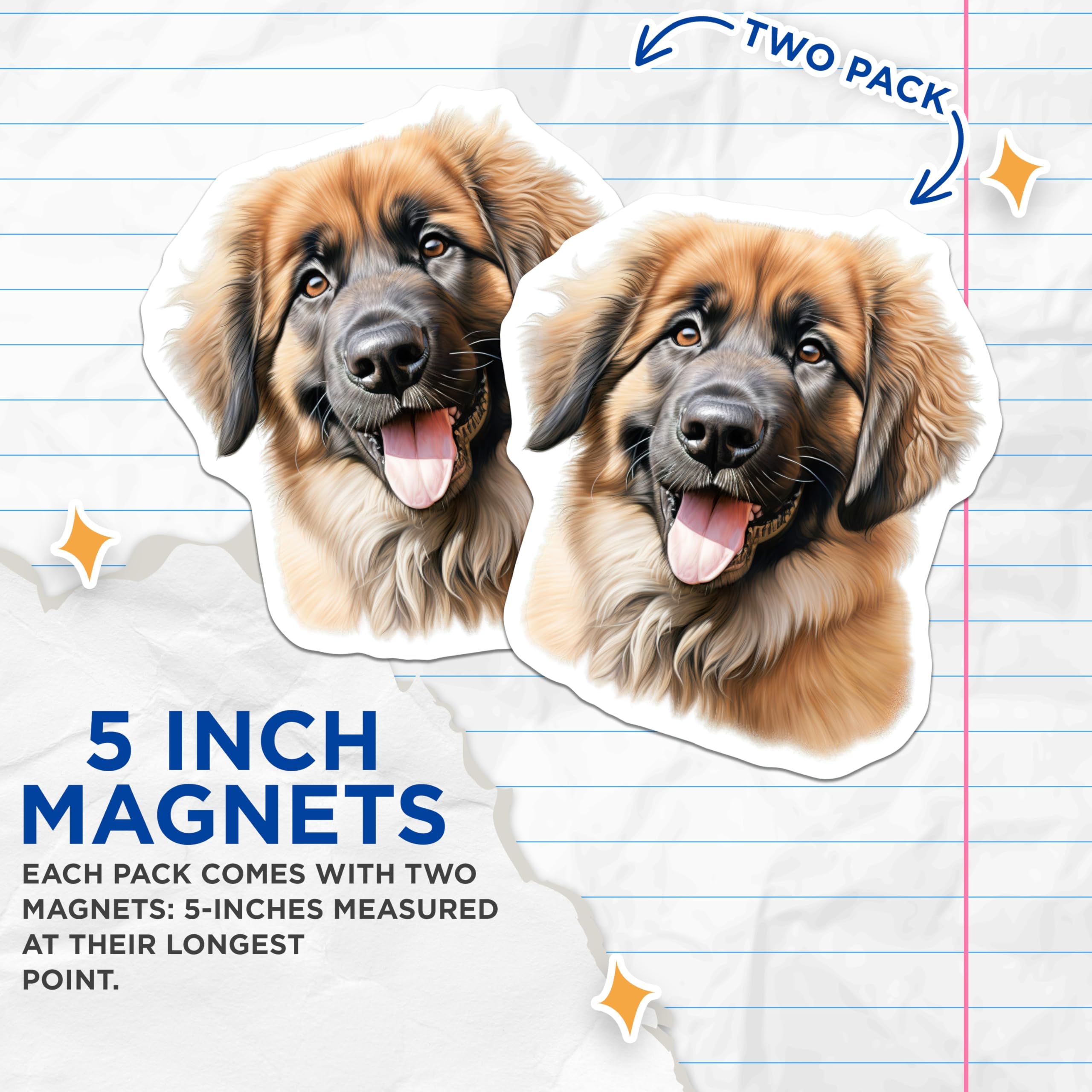 (2 Pack) Leonberger Puppy Magnets - Cute Fluffy Dog Breed Art - Animal Lover Refrigerator Decor - Pet Owner Home Accessory - 5 Inches On Longest Side - Thick Durable Magnet - Made in USA - MAG23987