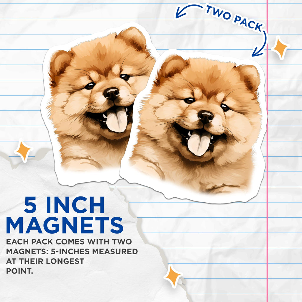 (2 Pack) Chow Chow Puppy Magnets - Fluffy Dog Face Art - Cute Animal Fridge Decor - 5 Inches On Longest Side - Thick Durable Magnet - Made in USA - MAG26208