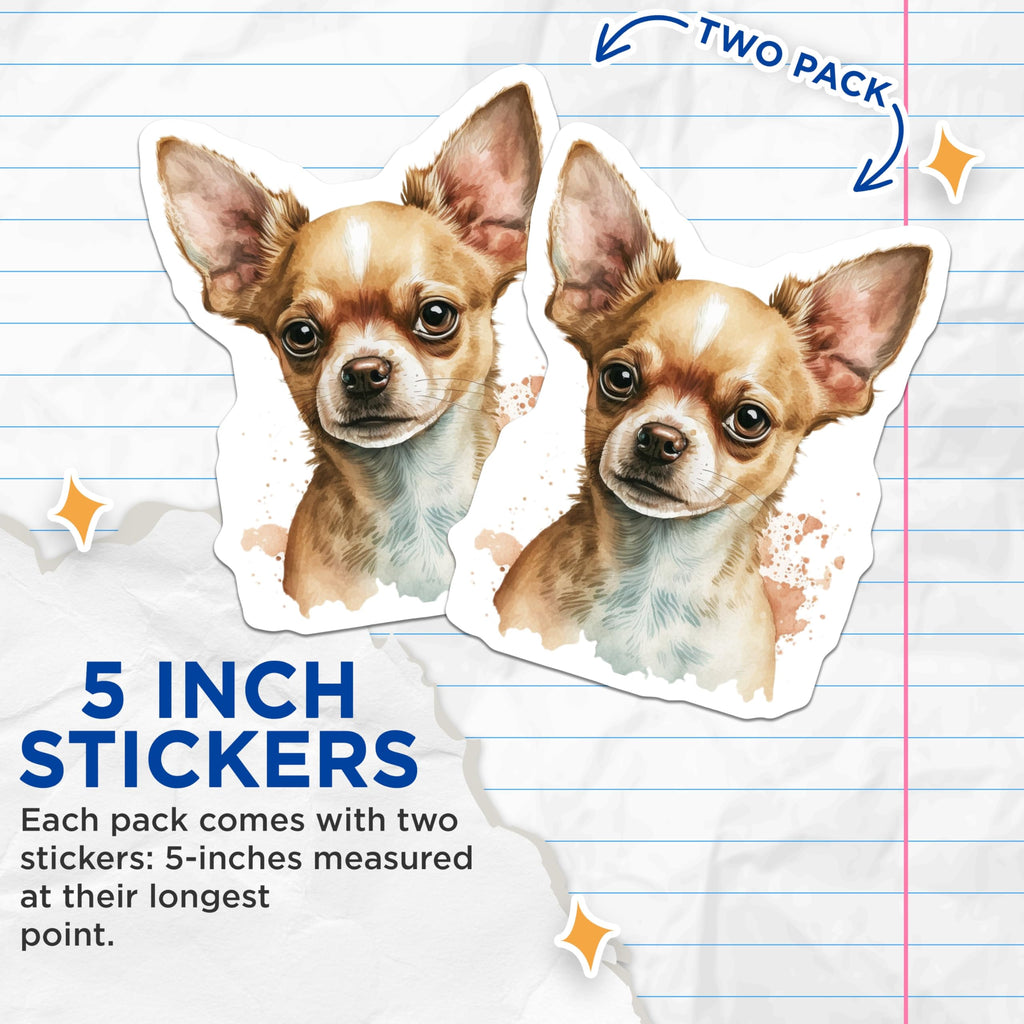(2 Pack) Chihuahua Stickers - Cute Dog Breed Stickers - Watercolor Pet Decals - 5" On Longest Side - Sticks to Smooth Flat Surfaces - Made in USA - BMCS14614
