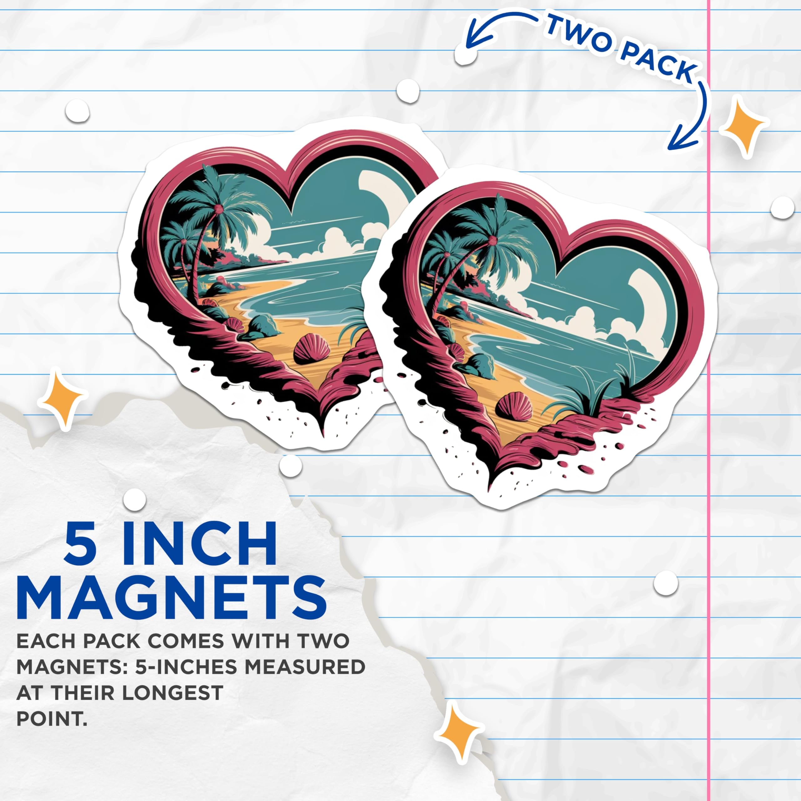 (2 Pack) Tropical Beach Heart Magnets - Island Getaway Decor - Summer Vibe Fridge Souvenir - 5 Inches On Longest Side - Thick Durable Magnet - Made in USA - MAG26315