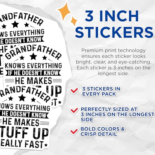 (3 Pack) Grandfather Decals - Funny Grandpa - Know Everything Laptop Decal - 3 Inches On Longest Side - Easy Peel & Apply - Made in USA - 3MCS4863