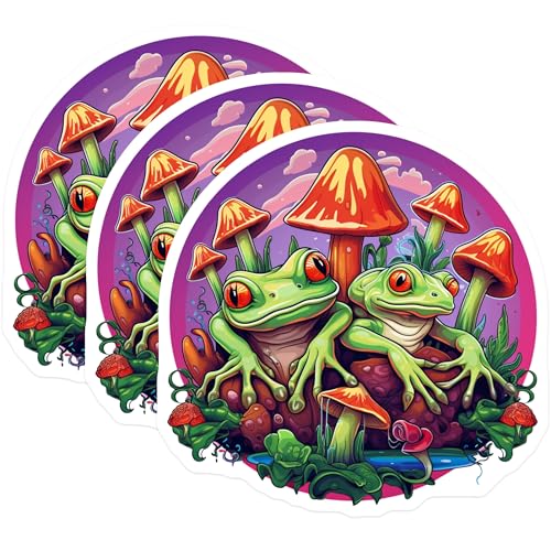 (3 Pack) Frog and Mushroom Decals - Fantasy Toad Stickers - Laptop Decor - 3 Inches On Longest Side - Easy Peel & Apply - Made in USA - 3MCS2843