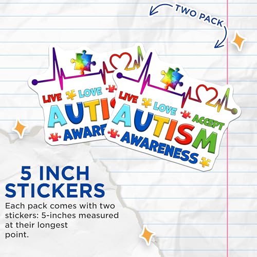 (2 Pack) Live Love Accept Autism Awareness Stickers - Colorful Puzzle Piece - Support Neurodiversity - 5" On Longest Side - Sticks to Smooth Flat Surfaces - Made in USA - BMCS8118