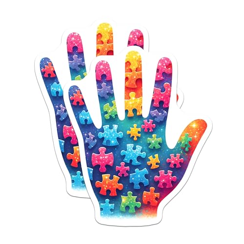(2 Pack) Autism Awareness Stickers - Hand Puzzle Piece Design - Colorful Kids - Special Needs Support - Inclusion - 5" On Longest Side - Sticks to Smooth Flat Surfaces - Made in USA - BMCS7891