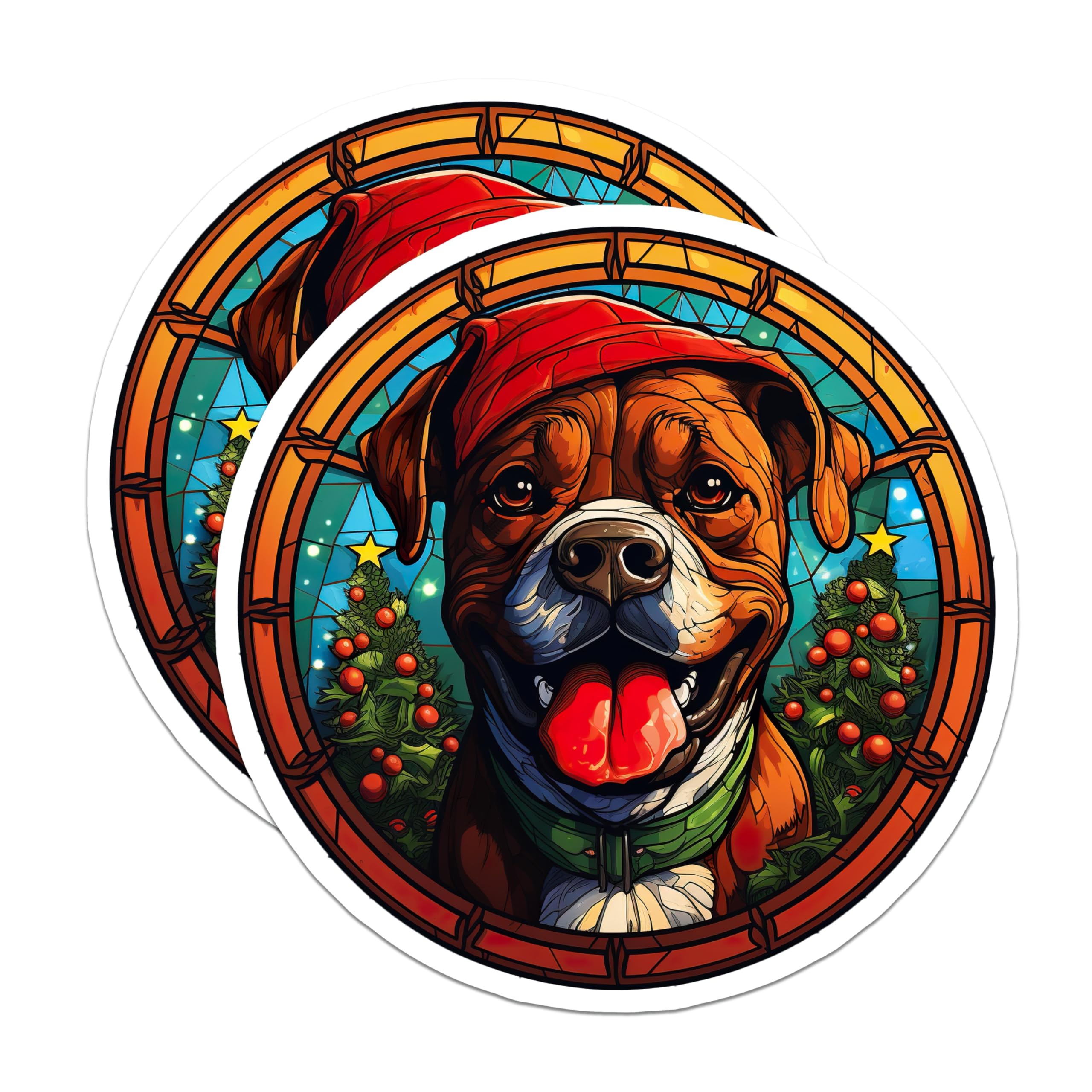 (2 Pack) Stained Glass Christmas Dog Magnets - Boxer Santa Hat Pet Decor - Holiday Animal Refrigerator Display - 5 Inches On Longest Side - Thick Durable Magnet - Made in USA - MAG23684