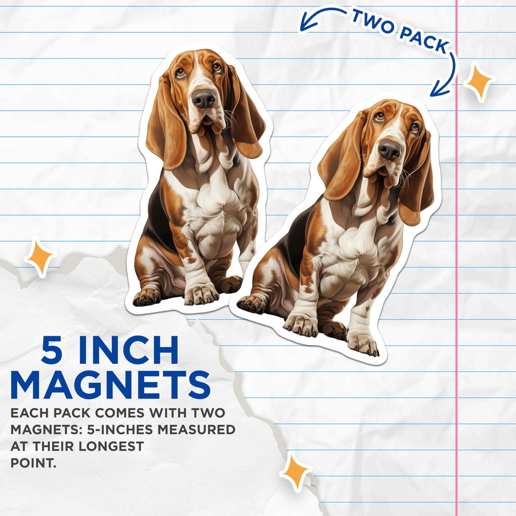 (2 Pack) Basset Hound Dog Magnets - Lifelike Hound Artwork - Pet Lover Decor Accent - 5 Inches On Longest Side - Thick Durable Magnet - Made in USA - MAG25380