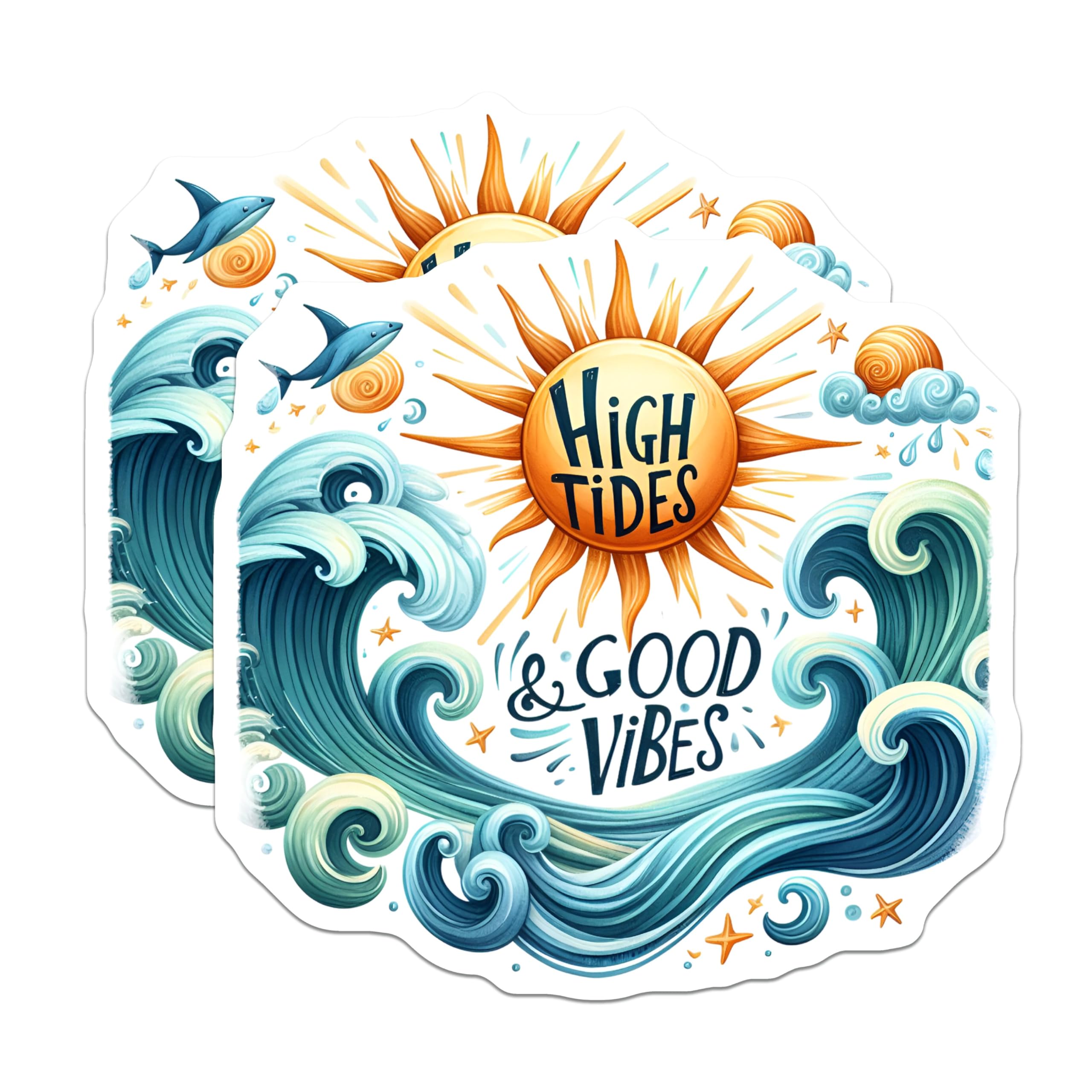 (2 Pack) High Tides Good Vibes Stickers - Ocean Waves - Sun and Sea Life - 5" On Longest Side - Sticks to Smooth Flat Surfaces - Made in USA - BMCS9300