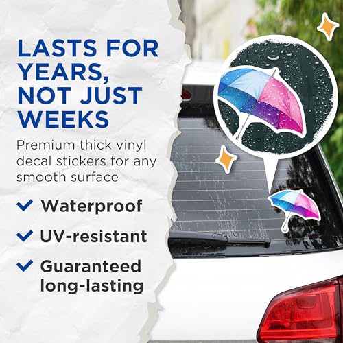 (2 Pack) Colorful Umbrella Stickers - Weather Stickers - Rainy Day Stickers - 5" On Longest Side - Sticks to Smooth Flat Surfaces - Made in USA - BMCS6456