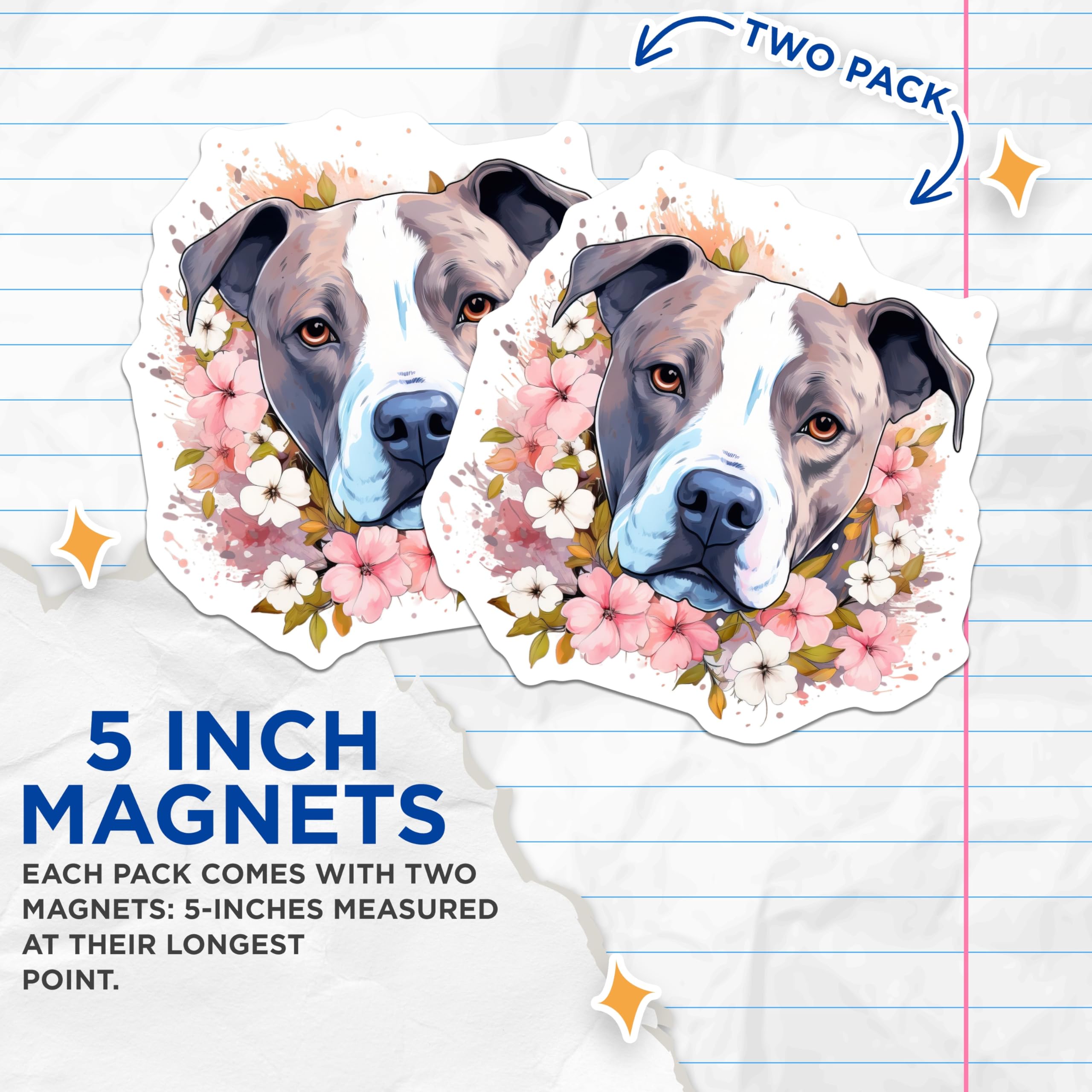(2 Pack) Floral Pitbull Dog Magnets - Cute Dog Lover Pet Mom Decor - Refrigerator Locker Magnets - 5 Inches On Longest Side - Thick Durable Magnet - Made in USA - MAG26786
