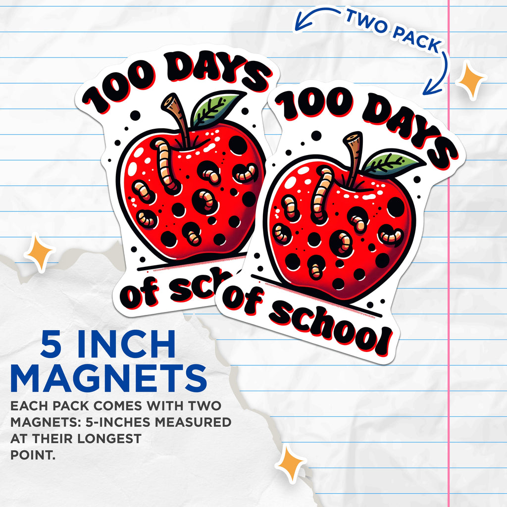 (2 Pack) 100 Days of School Magnets - Teacher Appreciation Decor - Funny Apple Worms - Milestone Celebration - 5 Inches On Longest Side - Thick Durable Magnet - Made in USA - MAG38276