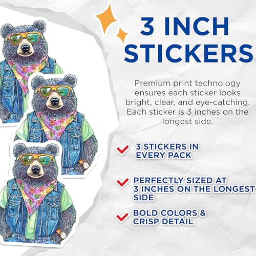 (3 Pack) Bear Decals - Cool Bear - Laptop Decals - 3 Inches On Longest Side - Easy Peel & Apply - Made in USA - 3MCS8267