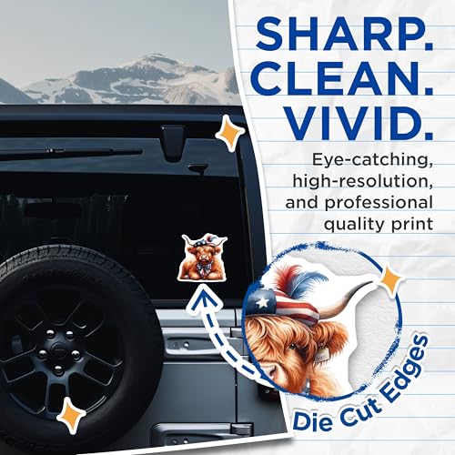 (2 Pack) Highland Cow Stickers - Cute Animal Art - Scottish Highland Cow Decal - 5" On Longest Side - Sticks to Smooth Flat Surfaces - Made in USA - BMCS6361