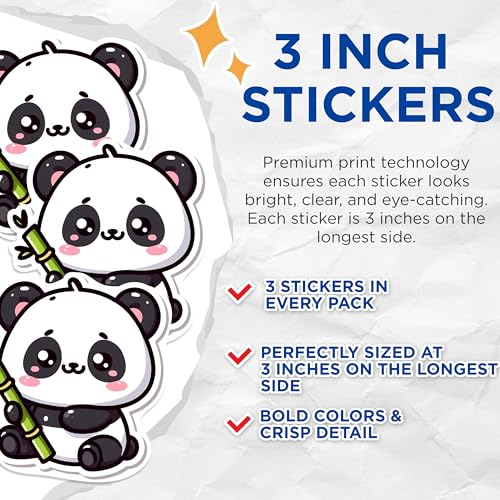 (3 Pack) Cute Panda Decals - Laptop Decal - Animal Sticker - 3 Inches On Longest Side - Easy Peel & Apply - Made in USA - 3MCS0992