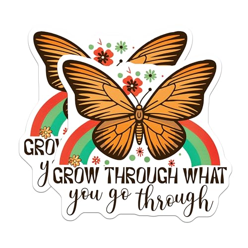 (2 Pack) Inspirational Butterfly Stickers - Grow Through What You Go Through Stickers - Motivational Quote Stickers - 5" On Longest Side - Sticks to Smooth Flat Surfaces - Made in USA - BMCS4328