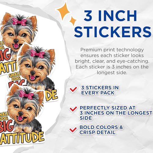 (3 Pack) Yorkie Dog Decals - Attitude Puppy Stickers - Small Dog Breed Laptop Decal - 3 Inches On Longest Side - Easy Peel & Apply - Made in USA - 3MCS1019