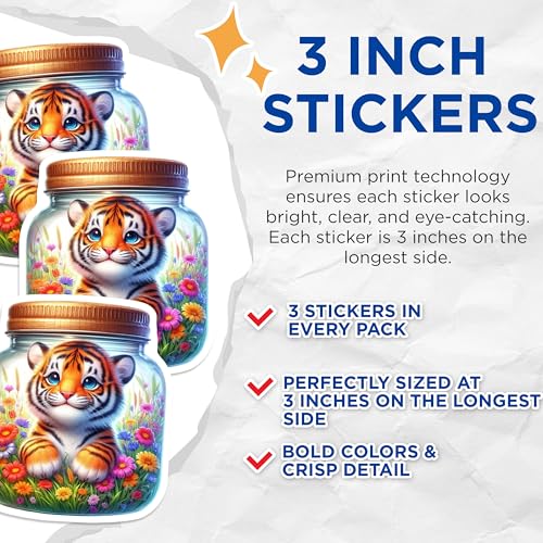 (3 Pack) Tiger Cub in Jar Decals - Laptop Decals - Cute Animal Stickers - 3 Inches On Longest Side - Easy Peel & Apply - Made in USA - 3MCS8135