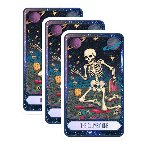 (3 Pack) Clumsy Skeleton Decals - Outer Space Art - Tarot Card Decal - 3 Inches On Longest Side - Easy Peel & Apply - Made in USA - 3MCS8760