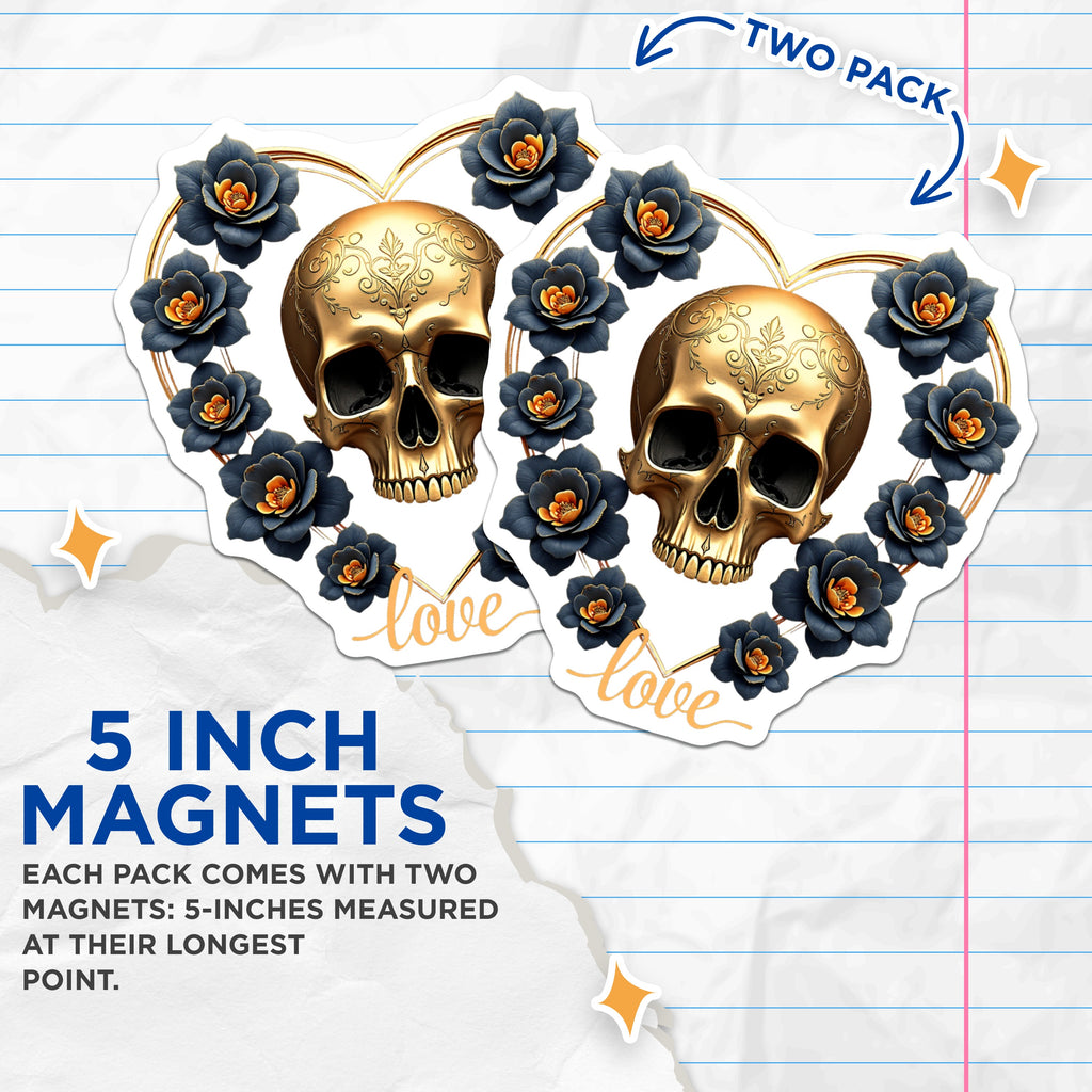 (2 Pack) Gold Skull Magnets - Gothic Decor Alt Aesthetic - Dark Romance Valentine Unique Fridge Magnets - 5 Inches On Longest Side - Thick Durable Magnet - Made in USA - MAG39277