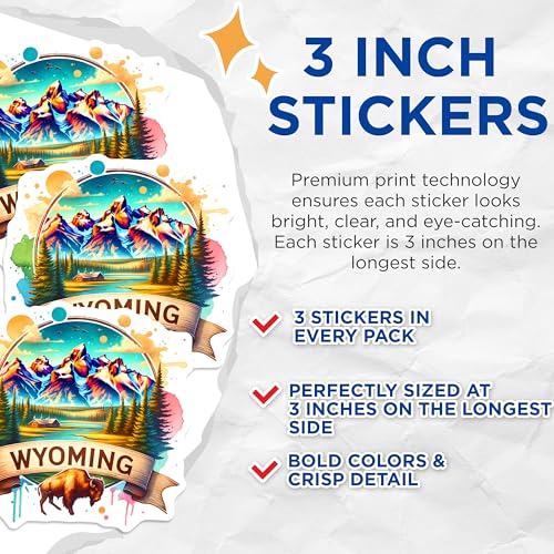 (3 Pack) Wyoming Decals - Colorful Mountain Landscape - Bison Artwork- 3 Inches On Longest Side - Easy Peel & Apply - Made in USA - 3MCS5393