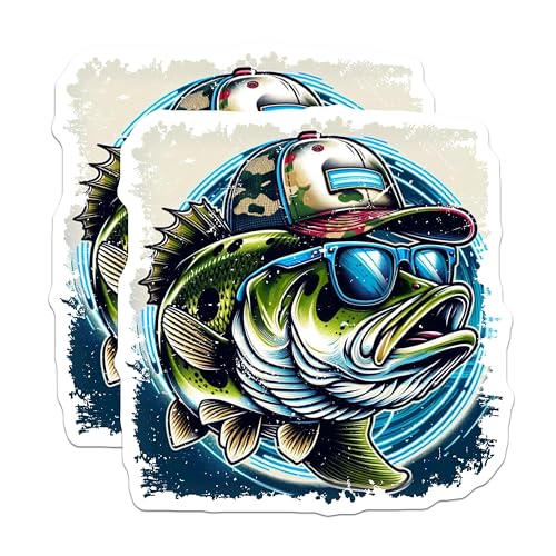 (2 Pack) Bass Fishing Stickers - Cool Fish Design - Angler Decals for Gear and Accessories - 5" On Longest Side - Sticks to Smooth Flat Surfaces - Made in USA - BMCS5986