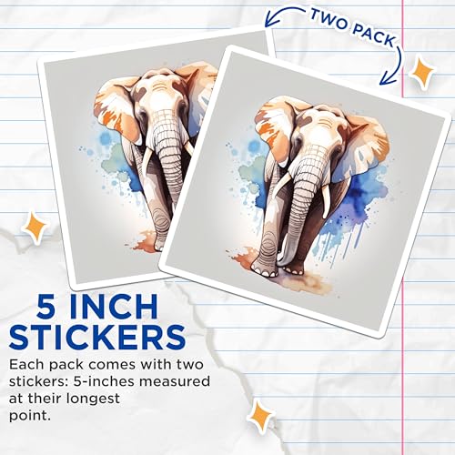 (2 Pack) Elephant Stickers - Wildlife Decal Art for Water Bottles and Laptops - 5" On Longest Side - Sticks to Smooth Flat Surfaces - Made in USA - BMCS8684 - BMCS8684