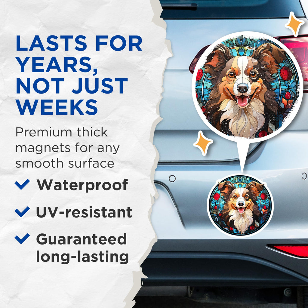 (2 Pack) Stained Glass Dog Magnets - Australian Shepherd Art - Fridge Locker Decor - 5 Inches On Longest Side - Thick Durable Magnet - Made in USA - MAG25087