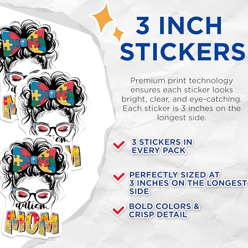 (3 Pack) Autism Mom Decals - Puzzle Piece Awareness - Messy Bun Laptop Decal - 3 Inches On Longest Side - Easy Peel & Apply - Made in USA - 3MCS8460