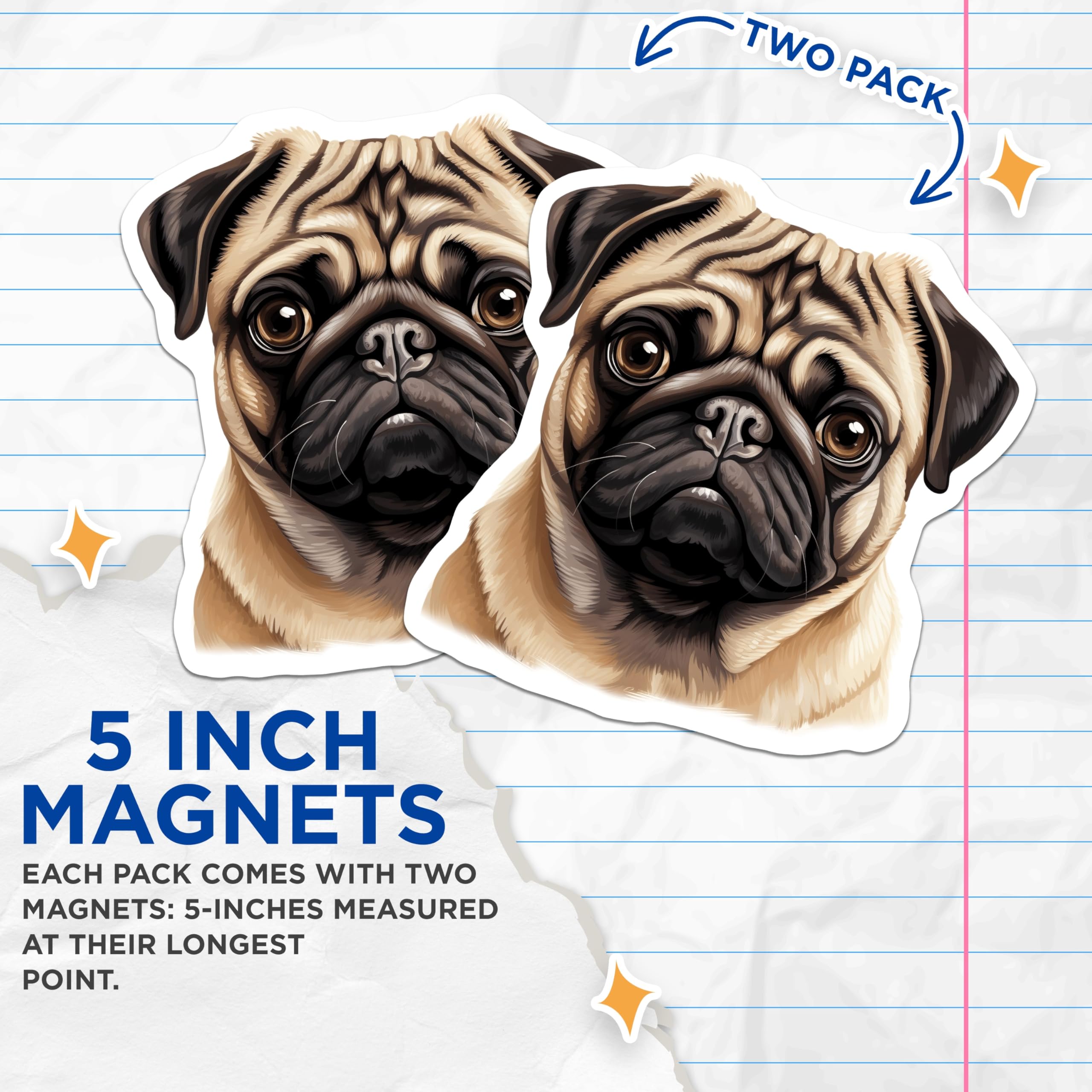 (2 Pack) Pug Dog Magnets - Cute Pet Owner Decor - Animal Lover Refrigerator Magnet - 5 Inches On Longest Side - Thick Durable Magnet - Made in USA - MAG30351
