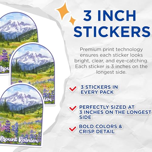 (3 Pack) Mount Rainier Decals - Washington State - Mountain Scenery - 3 Inches On Longest Side - Easy Peel & Apply - Made in USA - 3MCS0418