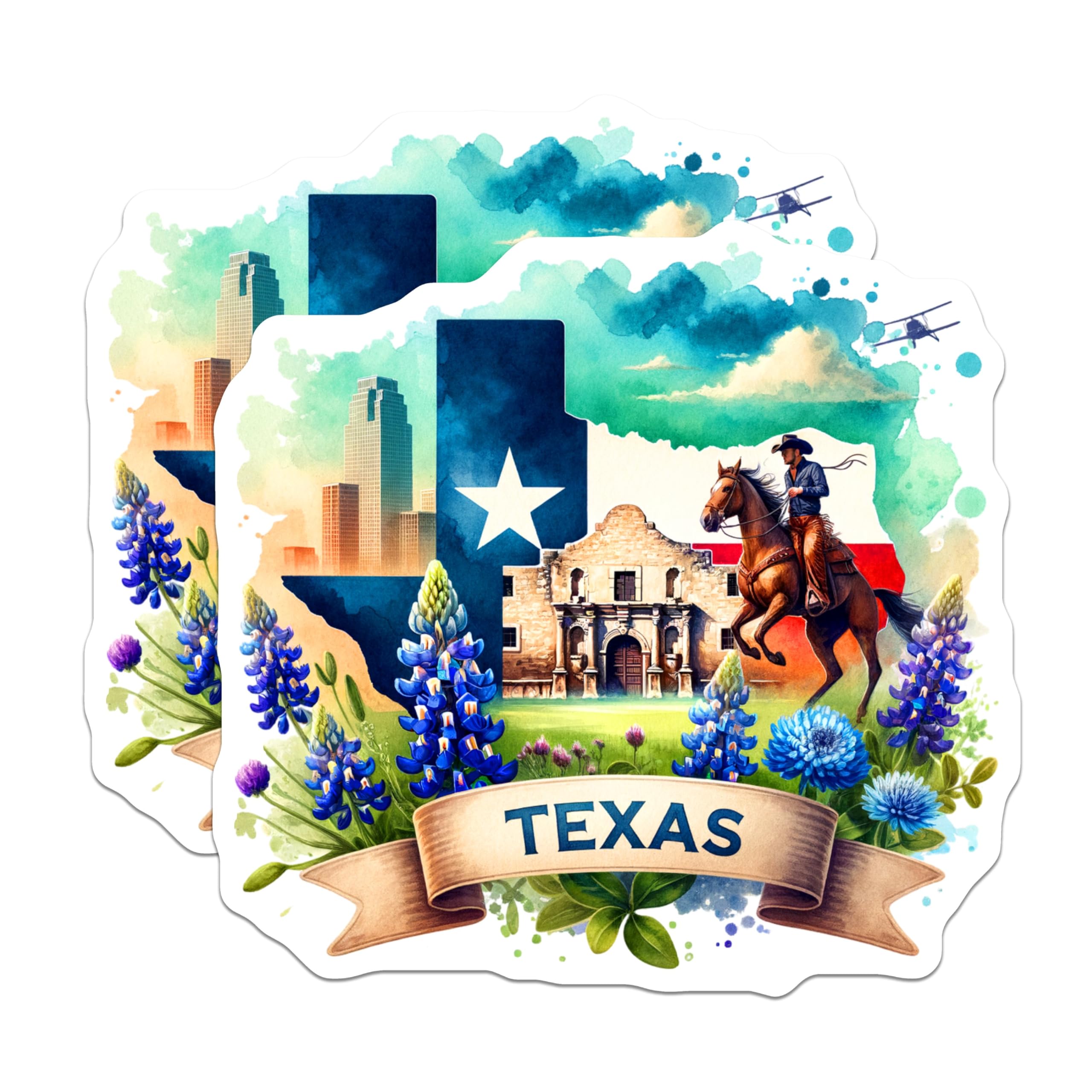 (2 Pack) Texas Stickers - State Pride - Travel Souvenirs - Texas Icons - Bluebonnet Design - Texan Landscapes - 5" On Longest Side - Sticks to Smooth Flat Surfaces - Made in USA - BMCS6714
